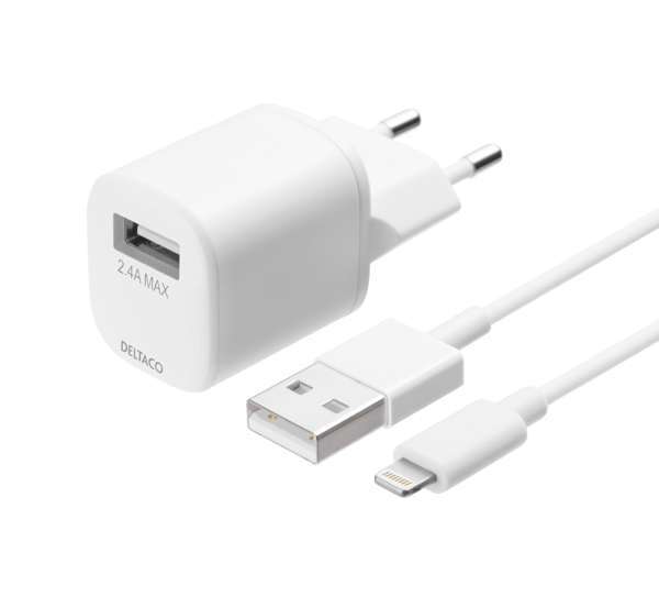 USB vægoplader, USB-A, 2,4 A, inkl. 1 m USB-A til Lightning