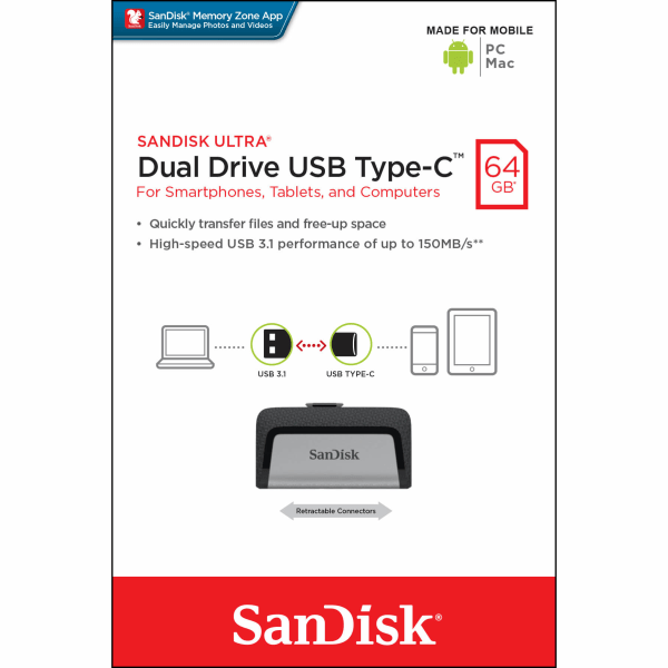 SANDISK USB-minne 3.1 Ultra Dual 64GB Typ C