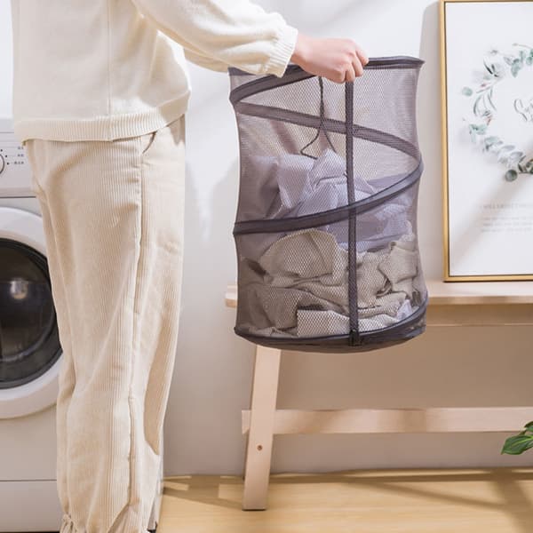 Vikbar tvättkorg stor kollapsbar för utrymmessparande hemförvaring, polyester ventilerad med dragsnodd för sovrum, badrum och studentrum DarkGrey DarkGrey