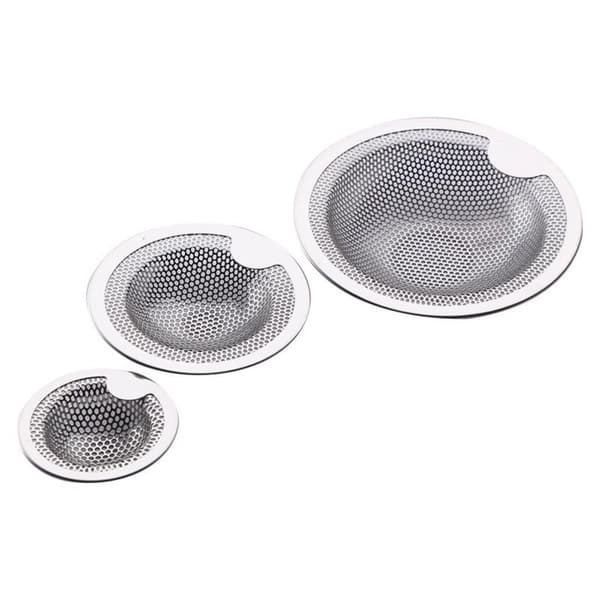 Rostfri diskavloppssil 3-pack med lyftflik för kök och badrum – 304 finmaskig sil (10.2cm, 7.6cm, 5.2cm) – silver