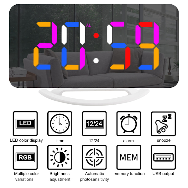 Digital väckarklocka med spegelyta 3 ljusstyrkor RGB färger