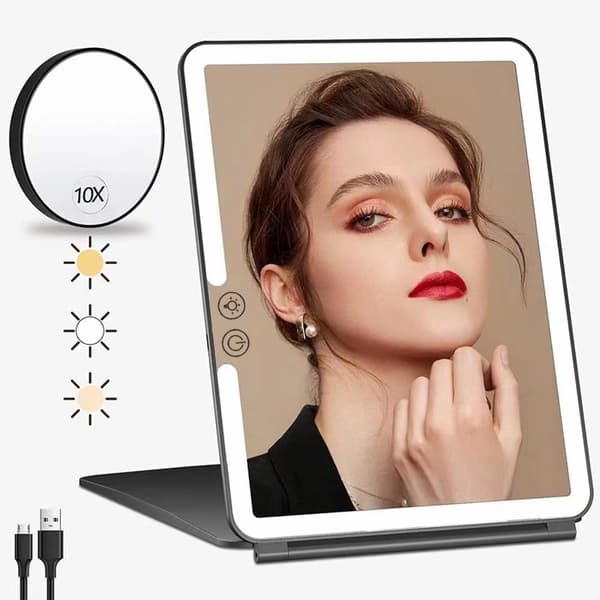 LED Makeup Spejl - Bordpladespejl med Lys, Bærbar og Sammenklappelig Sort