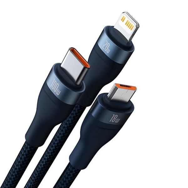3-i-1 USB-kabel Baseus Flash Series 2, USB-C + micro USB + Lightning, 100W, 1,5 m (blå)