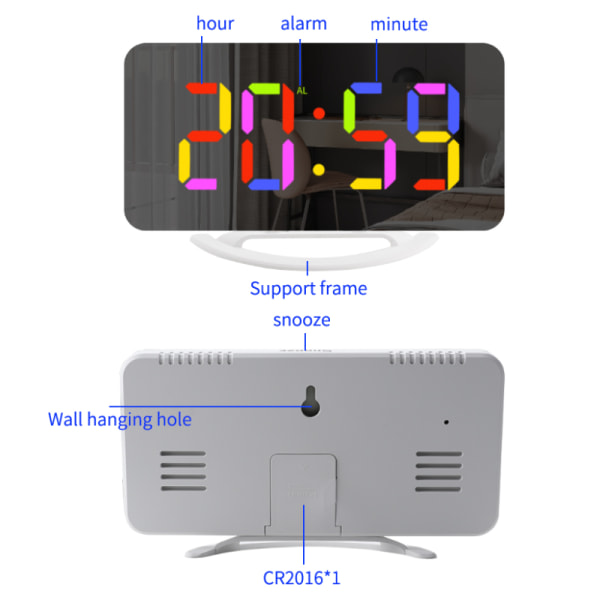 Digital väckarklocka med spegelyta 3 ljusstyrkor RGB färger
