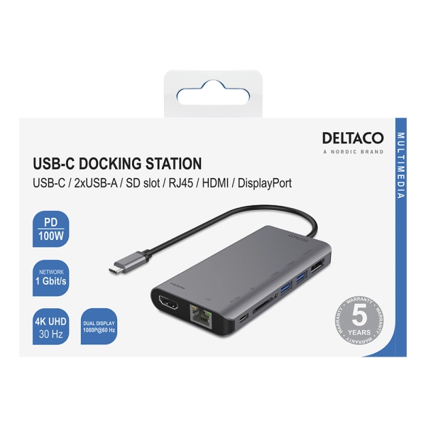 USB-C docking station HDMI/DP/RJ45/2xUSBA/SD PD 3 space grey