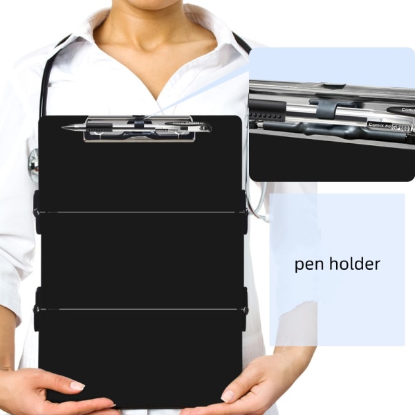 Nursing Clipboard Foldbar, med penneholder til studerende, sygeplejersker Sort