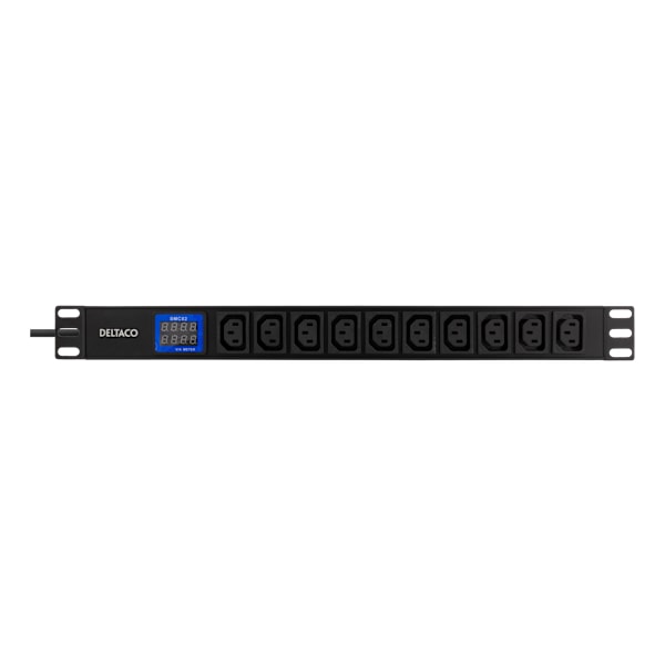 DELTACO 19" PDU med 10 kontakter, 2500W, C13, digital volt/amp-m