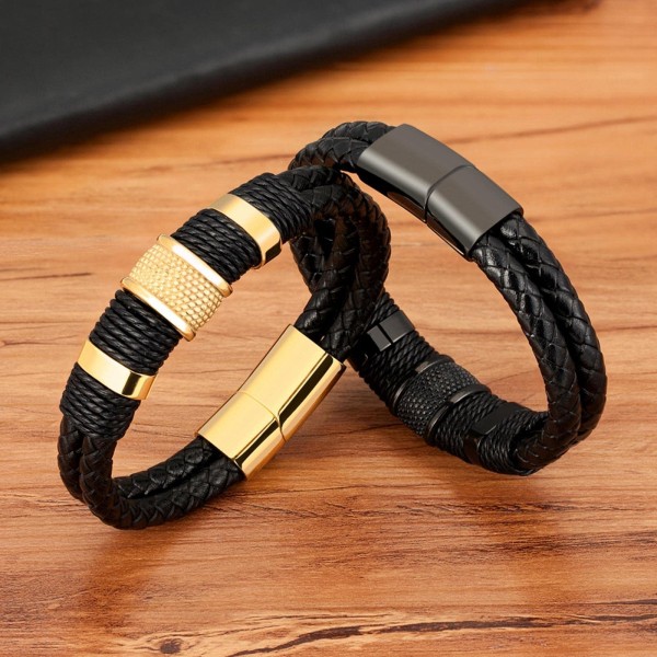 Punk vävt rostfritt stål läderrep armband 19 cm