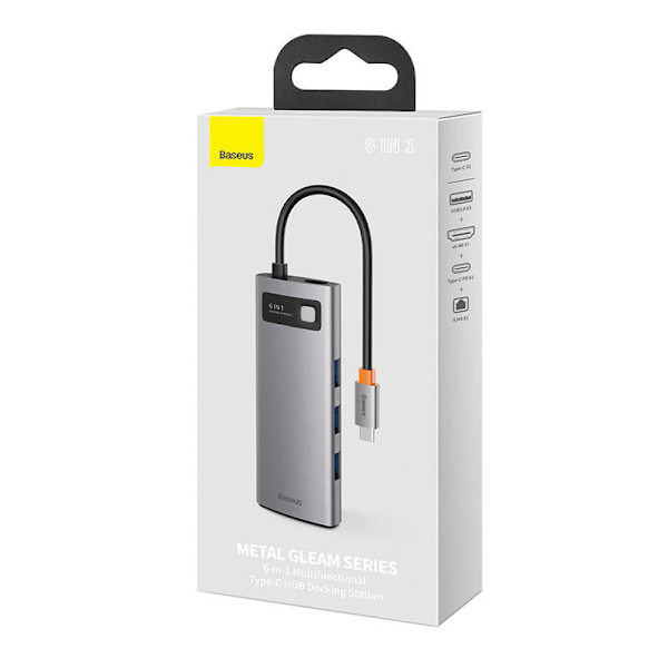 Hub 6in1 Baseus Metal Gleam Series, USB-C till 3x USB 3.0 + HDMI + USB-C PD + Ethernet RJ45