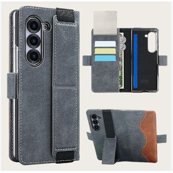 Samsung Galaxy Z Fold -kotelo korttipaikoilla ja jalustalla Malli 3 Harmaa