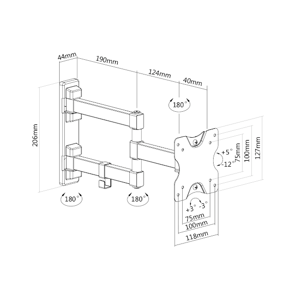 Full motion 3-way wall mount, 13-27" up to 20 kg, tilt, rota