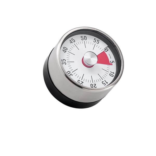 Mekanisk køkkentimer 60-minutters optrækstimer til madlavning og bagning med magnet, rustfrit stål og hvid overflade