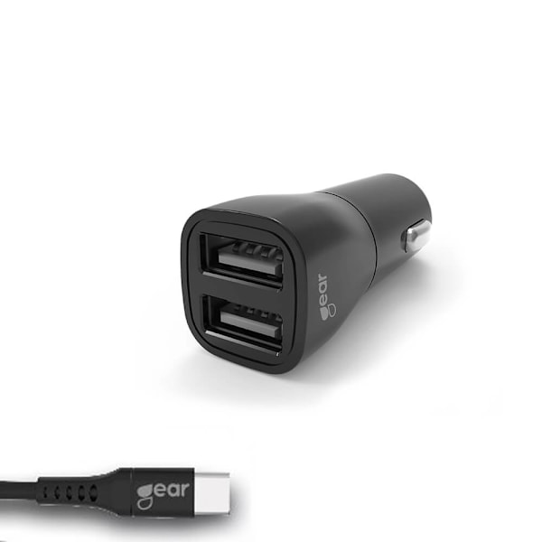 Oplader 12-24V 2xUSB 3.4A Sort USB-C 2.0 Kabel 1m