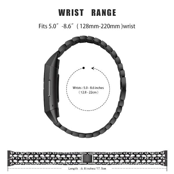 Fitbit Charge 3/4 metallinen rannekoru strassilla Musta/Crystal