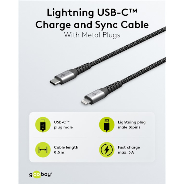 Lightning-USB-C™ textilkabel med metallkontakter, 1 m