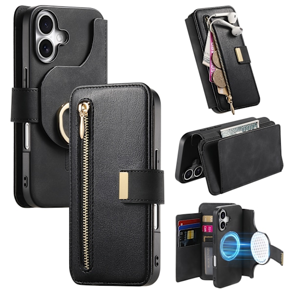 iPhone 16 Wallet Case med Ring & Stander, Magnetisk Flip Cover