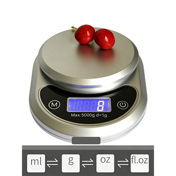 Digital Kitchen Scale 5kg Precision Food Scale with Tare Backlit LCD Unit Conversion g lb:oz oz ml - Silver
