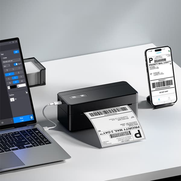 Termisk etiketprinter BT Bluetooth til forsendelse og butik - 108mm effektiv bredde, USB-B, Labelife-app kompatibel, 203dpi 150mm/s