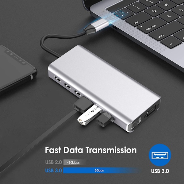 15-in-1 USB-C Hub -monitoimiadapteri HDMI:llä, VGA:lla, Ethernetillä ja SD/TF-kortinlukijalla