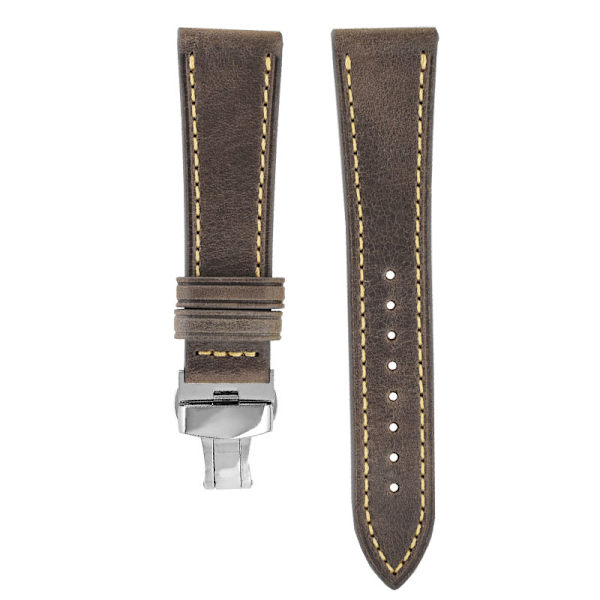 Klockarmband i äkta läder med dubbla fjärilsspänne - 20MM Grå