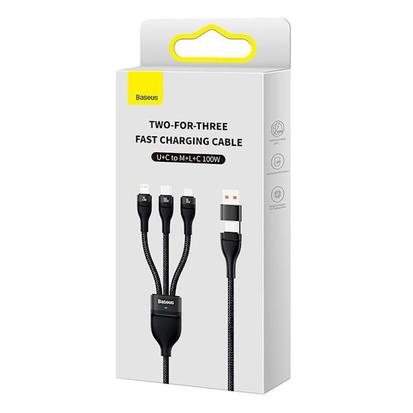 3-i-1 USB-kabel Baseus Flash Series 2, USB-C + micro USB + Lightning, 100W, 1,2m (svart)