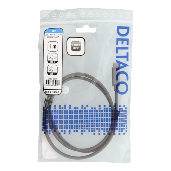 USB-C to USB-C cable, 1m, 60W USB PD, 10 Gbps, grey