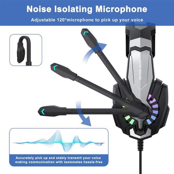 Kablet gaming-headset med RGB-belysning og 1-in-2 adapter, sort ABS, kompatibel med PS4, PS5, Xbox, Switch
