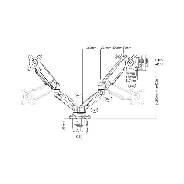 Full-motion dual desk mount, gas spring, 17-32", tilt, rotat