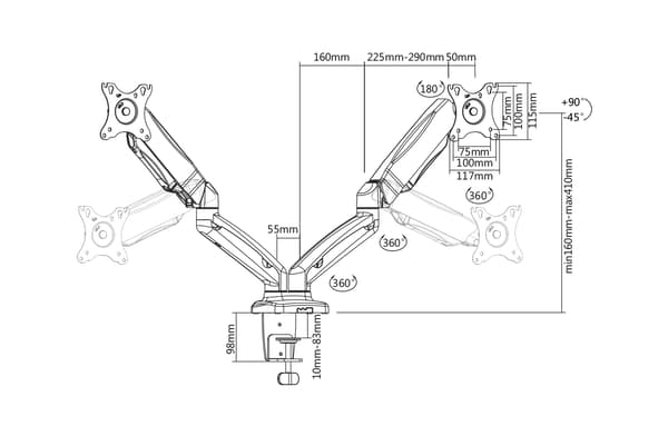 Monitor desk dual mount, gas spring, 17-32", 2-9 kg