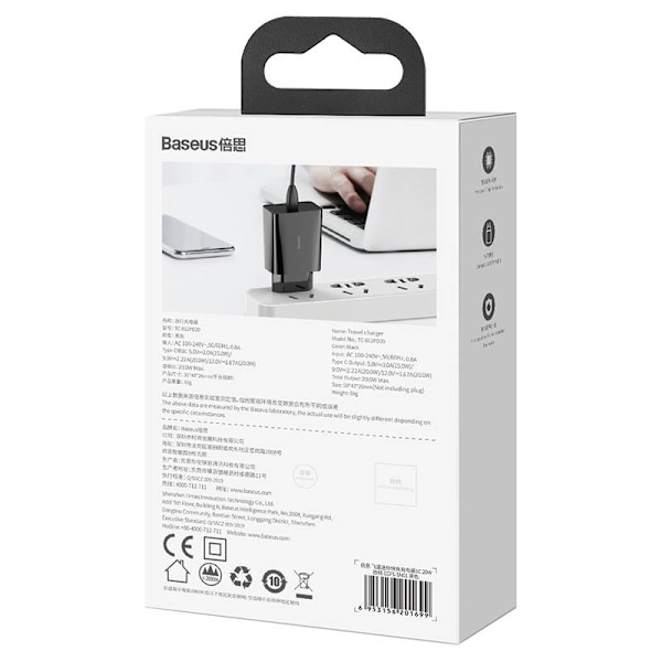Baseus Speed Mini snabbladdare, USB-C, PD, 3A, 20W (svart)