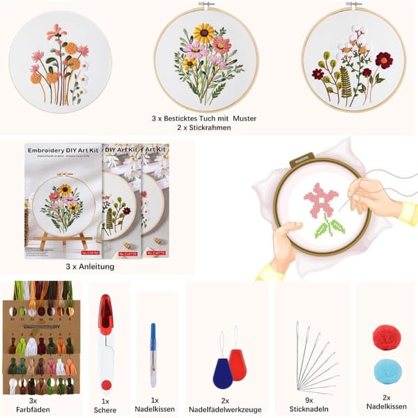 DIY Handbroderi Startpaket - 3 Set med Blommönster, Båge och Verktyg