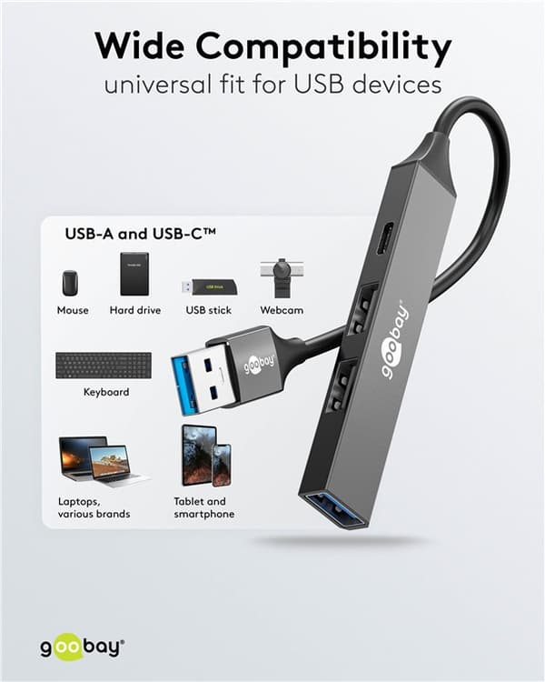 Slim 4-ports USB-hub, USB-A til USB-C™/USB-A, 5 Gbit/s