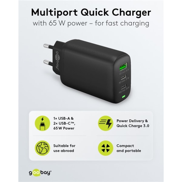 USB-C™ PD GaN multiport snabbladdare (65 W) svart