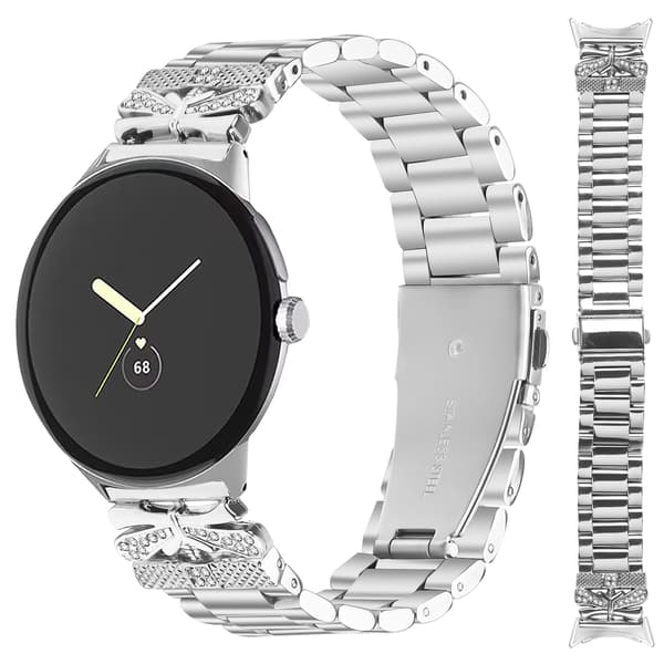 Kimalteleva perhonen Google Pixel Watch -ranneke kolmella strassilla Silver Silver