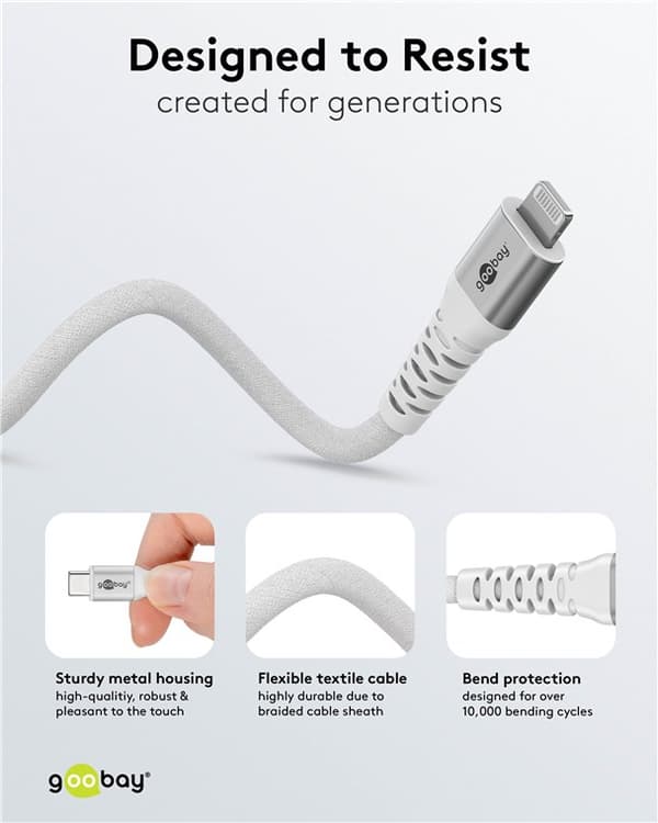 Lightning-USB-C erittäin pehmeä tekstiilikaapeli metalliliittimillä, 0,5 m, valkoinen