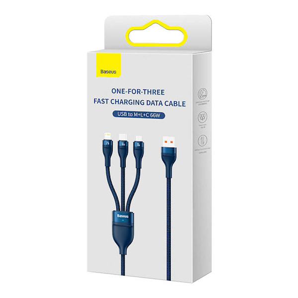 3-i-1 USB-kabel Baseus USB 3-i-1 Baseus Flash-serie, USB-C + Micro + Lightning 66W, 1,2 m (blå)