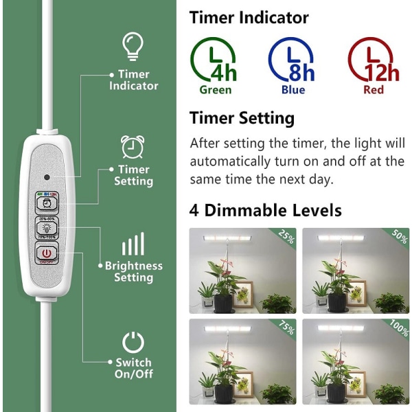 INF LED-växtljus med 3 ljuslägen och 4-stegs dimmer