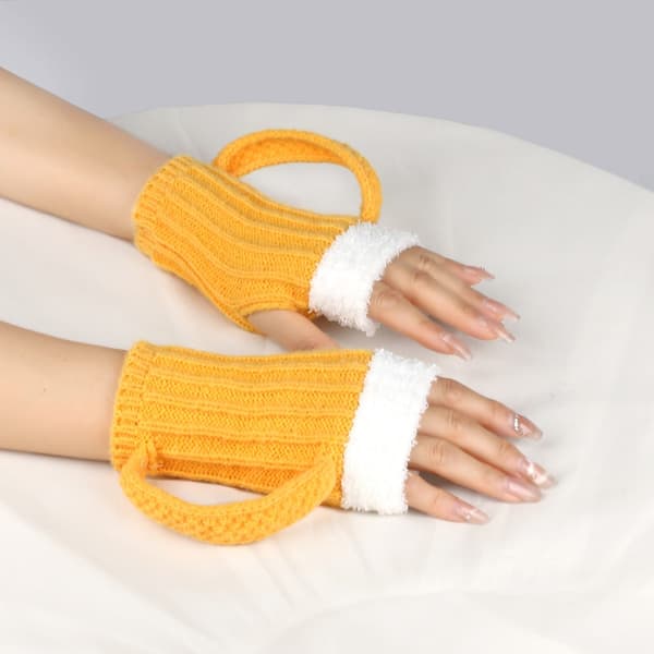 3D Ølkrus Strik Halv Finger Vinterhandsker - Gul, Varme og Praktiske til DK Vinter