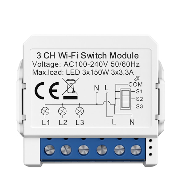 Smart WiFi Switch Module - 3 Gang, Vit, Fjärrkontroll