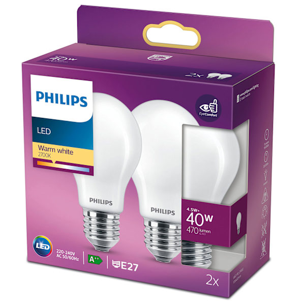 2 kpl LED E27 Normal 40W Frost 470lm