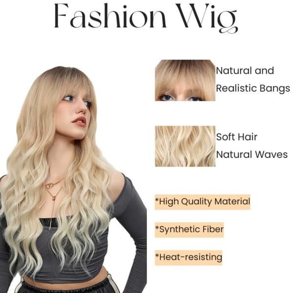 Lång Lockig Peruk med Bangs - Gyllene Syntetisk Värmebeständig Modeperuk