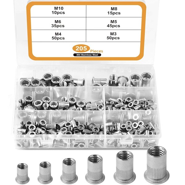 205 Delar Rostfritt Stål Räfflade Nitmutter Kit, Rivnut Sortimentset