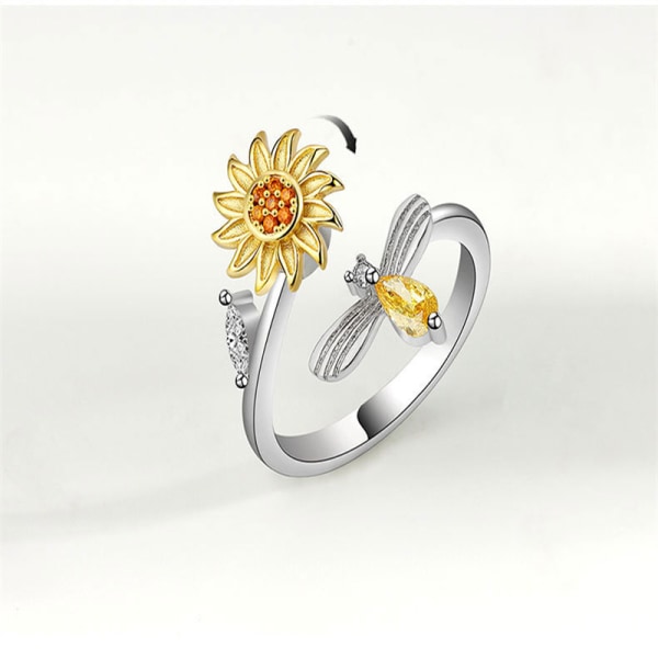 Justerbar anti-stress ring med blomst og insekt sølv/guld/gul