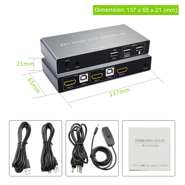 HDMI 2.1 KVM-switch 8K@60Hz 4K@120Hz, dubbelriktad switch med USB-utskriftsdelning och snabbtangent