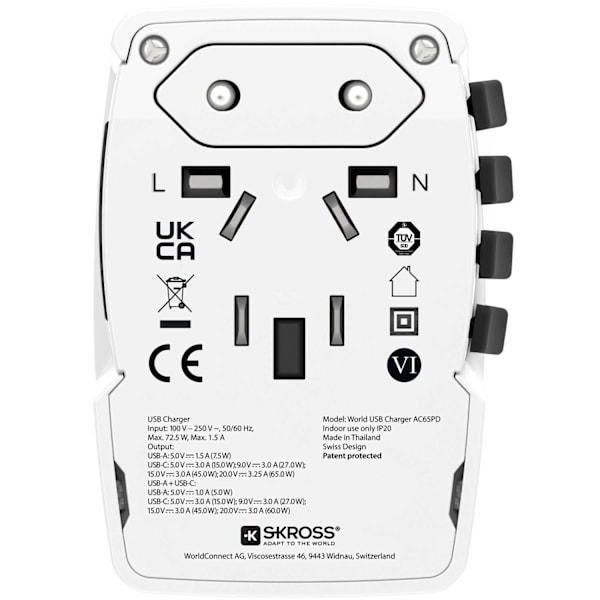 Världsreseladdare AC65PD World USB-A+USB-C PD 65W Jordad