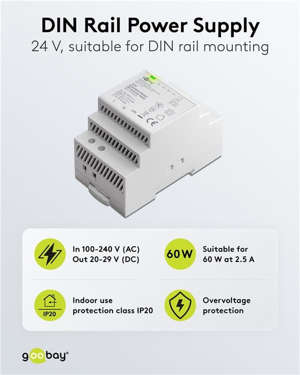 DIN-kiskoon asennettava virtalähde 24 V (DC), 2,5 A, 60 W