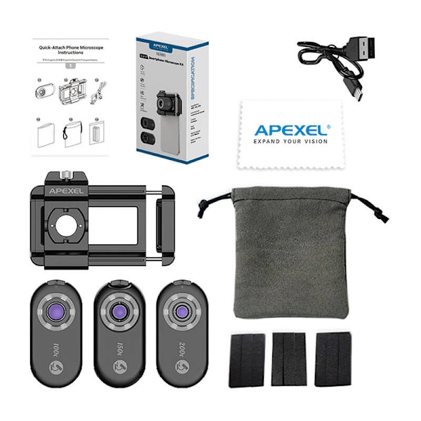 3x CPL linse / mikroskop til smartphone Apexel APL-MS3IN1, 200x / 150x / 100x