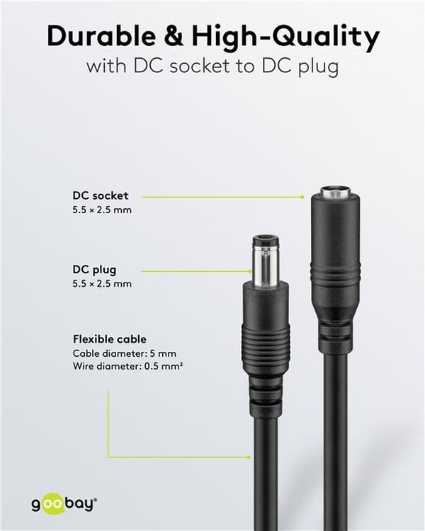 DC-forlængerkabel, 5 m, sort