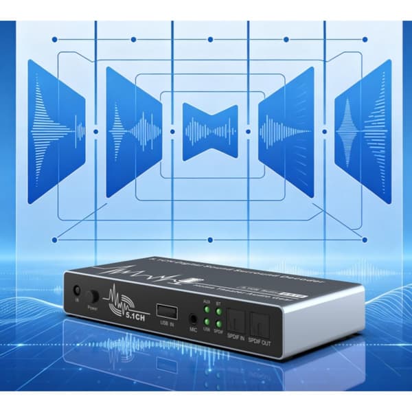 Digital lyddekoder med optisk, coaxial, USB og 5.1-kanals analog lydudgang til hjemmebiograf og lydudstyr