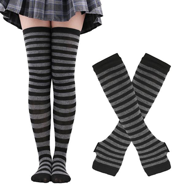 Randiga strumpor och handskar set för cosplay Svart + ljusgrå